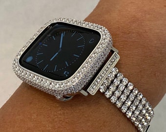 Silver Apple Watch Band and or Custom White Gold Apple Watch Cover Bezel Lab Diamonds 38 40 41 42 44 45mm, Smartwatch Bumper