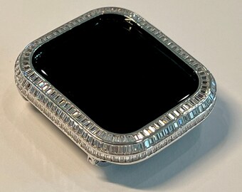 Designer Apple Watch Case Silver Baguette Lab Diamond Bezel Designer Apple Watch Cover 40mm 41mm 44mm 45mm Iwatch Candy Bling Series 9