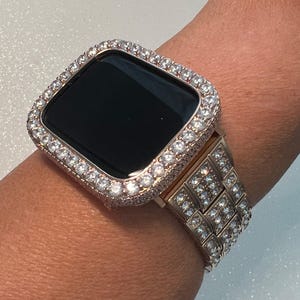 Huge Bling Apple Watch Band Women Rose Gold Stainless Steel Crystals & or Apple Watch Cover Lab Diamond Bezel Case Bling 38mm-45mm