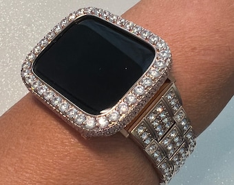 Huge Bling Apple Watch Band Women Rose Gold Stainless Steel Crystals & or Apple Watch Cover Lab Diamond Bezel Case Bling 38mm-45mm