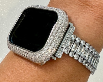 14k White Gold Plated Apple Watch Band Womens Silver Swarovski Crystals & or Apple Watch Case Lab Diamond Bezel Iphone Watch 38mm-49mm Ultra