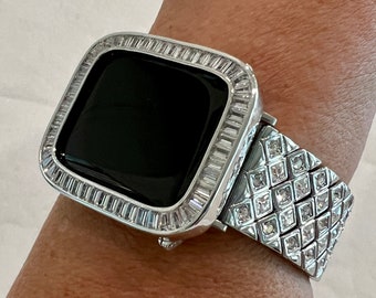 Series 2-9 Silver Apple Watch Band  Crystals 38 40 41 42 44 45mm & or Baguette Lab Diamond Bezel Cover Smartwatch Bumper