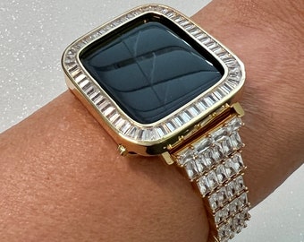 Custom Gold Apple Watch Band Woman Baguette  Crystals & or Apple Watch Cover Lab Diamond Bezel Case Iwatch Candy Bling 38mm-45mm