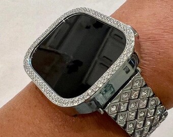 Series 10 Apple Watch Band Silver Large Swarovski Crystal & or Apple Watch Case Iphone Watch Cover Bumper 38mm-49mm Ultra Series 2-10 Bling