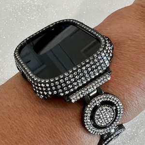 Ultra Apple Watch Band 49mm Black Pave Swarovski Crystals & or Apple Watch Cover Case Smartwatch Bumper Bling Series 8