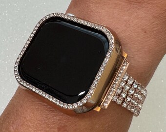 Series 10 Apple Watch Band Women Rose Gold Swarovski Crystals & or Apple Watch Cover 42mm 46mm Iphone Watch Case 41mm 45mm 49mm Ultra Bling