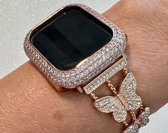 Butterfly Apple Watch Band 49mm Woman Rose Gold  Crystal & or Apple Watch Case Pave Lab Diamond Bezel Apple Watch Cover Bling