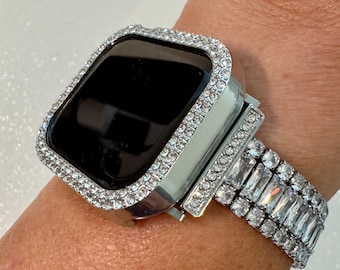 42mm 46mm Apple Watch Band Series 10 Womens Swarovski Crystals & Silver Apple Watch Case 38mm-49mm 38mm-49mm Protective Iwatch Cover Bling