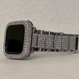 Designer Apple Watch Band Women's Men's Style Silver with Swarovski Crystals  & or Apple Watch Case Cover with Lab Diamonds