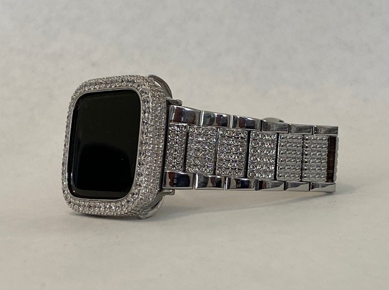 Designer Apple Watch Band Women's Men's Style Silver with Swarovski Crystals  & or Apple Watch Case Cover with Lab Diamonds