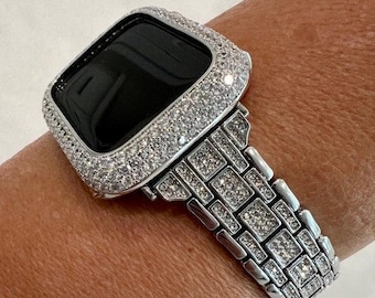 White Gold Apple Watch Band Womens Swarovski Crystals & or Iphone Watch Cover Lab Diamond Bezel 38mm-49mm Protective Iwatch Case Bling