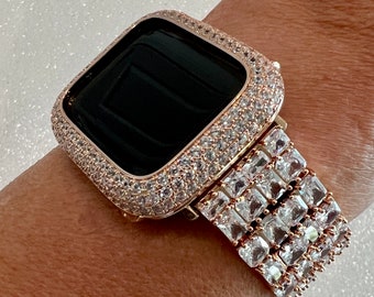 Designer Apple Watch Band Woman Baguette Radiant  Crystals Rose Gold & or Apple Watch Cover Lab Diamond Bezel 38mm-49mm Ultra