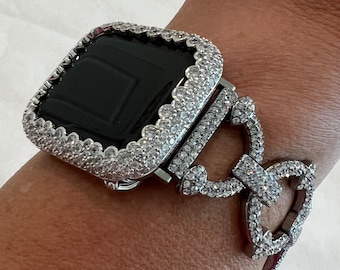 Crystal Pave Link Apple Watch Band 41mm 45mm 49mm Ultra Silver & or Apple Watch Cover Lab Diamond Bezel 38mm-49mm Ultra Series 10
