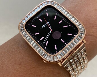 Series 2-9 Rose Gold Apple Watch Band Swarovski Crystal Baguettes & Or Apple Watch Case for Iphone Watch Protective Iwatch Cover 38mm-45mm