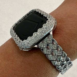 White Gold Apple Watch Band Womens Stainless Steel Swarovski Crystals & or Silver Apple Watch Cover Lab Diamond Bezel 38mm-49mm Series 2-10