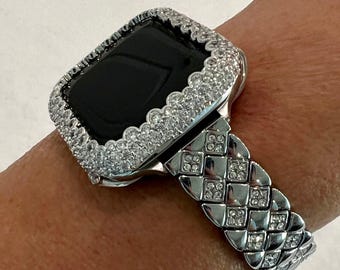 White Gold Apple Watch Band Womens Stainless Steel Swarovski Crystals & or Silver Apple Watch Cover Lab Diamond Bezel 38mm-49mm Series 2-10