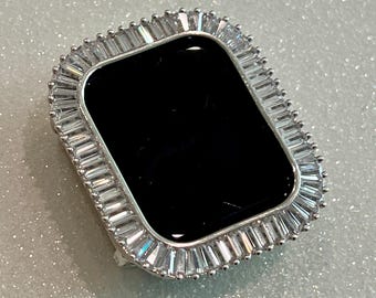 Series 9 Apple Watch Case 41mm 45mm Large Baguettes Lab Diamond Bezel Silver Apple Watch Cover Series 7/8/9 Iwatch Candy Protective Bumper