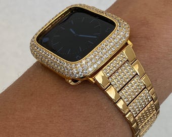 Gold Apple Watch Band, Stainless Steel Band with High End Crystal & or Apple Watch Case, Lab Diamond Bezel