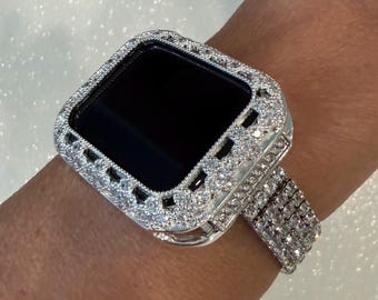 Silver Apple Watch Band Women Swarovski Crystals & or Flower Apple Watch Case for Iphone Watch 41mm-46mm Smartwatch Bumper Case Bling