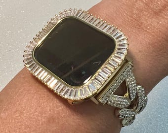 Designer Apple Watch Band Woman Gold Swarovski Crystal Heart Charm & or Apple Watch Case Lab Diamond Baguette Bezel Apple Iphone Watch Cover