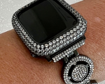 Apple Watch Band 49mm Ultra Black Swarovski Crystals & or Apple Watch Cover Lab Diamond Bezel 38mm-49mm Series 10 Iwatch Case