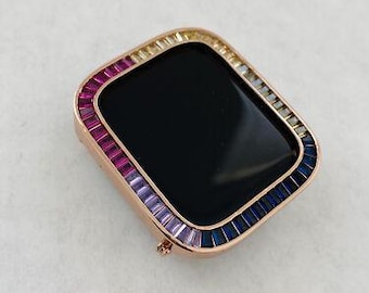 Rainbow Apple Watch Case 40mm 44mm Rose Gold Lab Diamond Bezel 38mm-46mm Series 2-11