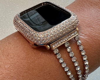 Rose Gold Apple Watch Band Womens Bracelet Chain Ultra Swarovski Crystals & or Apple Watch Cover Lab Diamond Bezel 38mm-49mm Iwatch Candy
