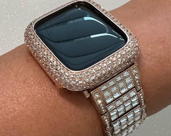 Apple Watch Band Stainless Steel Rose Gold Swarovski Crystal & or Apple Watch Cover Pave Lab Diamond Bezel Case 38mm-49mm Iwatch Candy Bling
