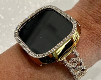 Chain Apple Watch Band Series 10 Gold Swarovski Crystals & or Apple Watch Case Protective Iphone Watch Cover Iwatch Candy 38mm-49mm Ultra
