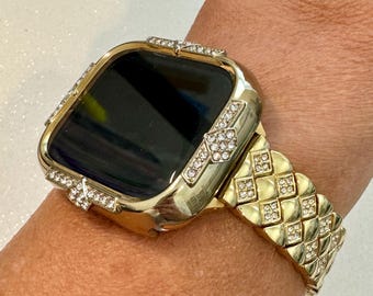 Yellow Gold Apple Watch Band Womens Bracelet Swarovski Crystals & or Apple Watch Case Crystal Iphone Watch Cover Tempered Glass Series 10