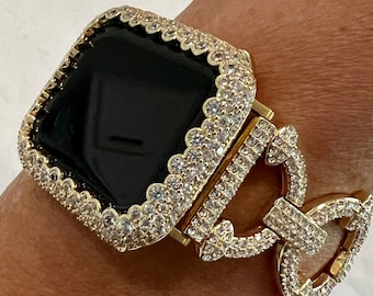 Yellow Gold Apple Watch Band Womens Designer Swarovski Crystal & or Apple Watch Case Pave Lab Diamond Bezel Apple Watch Cover Iwatch Candy