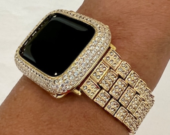 Apple Watch Band Gold  Crystals 38mm-49mm Ultra & or Apple Watch Case Lab Diamond Bezel Cover Smartwatch Bumper Bling Iwatch Candy