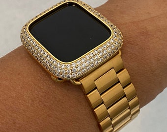 Apple Watch Band Mens Gold Rolex Style & or Apple Watch Cover Lab Diamond Bezel Case Smartwatch Bumper 38mm-49mm Ultra Series 1-8 SE