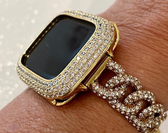 Apple Watch Band Swarovski Crystals Gold Chain Link Style & or Apple Watch Cover Lab Diamond Bezel Iphone Watch Case Iwatch Candy Bling Gift