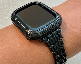 Apple Watch Band Women Designer Swarovski Crystal Baguette Black 41mm 45mm Series 9 & or Iphone Watch Cover Lab Diamond Bezel Iwatch Candy