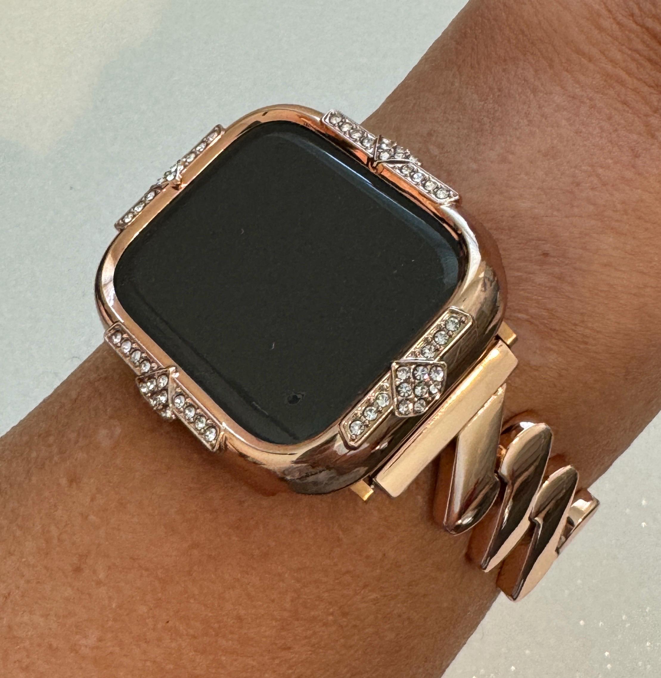 Rose Gold Apple Watch Band Womens Bracelet Minimalist or Apple Watch Case Swarovski Crystal Iphone Watch Cover Tempered Glass 40mm 45mm