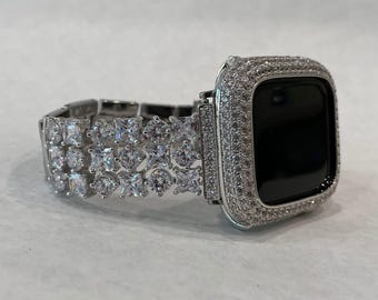 Custom Apple Watch Band Women Silver Swarovski Crystals & or Apple Watch Cover Bezel Lab Diamond 38mm 40mm 42mm 44mm 41mm 45mm 46mm 49mm