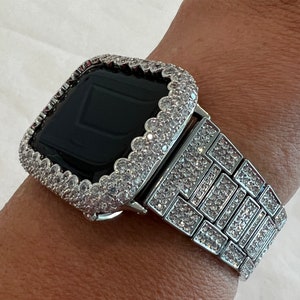 White Gold Apple Watch Band Swarovski Crystal & or Silver Lab Diamond Bezel Apple Watch Cover Apple Watch Case Series 2-10 SE 38-49mm Ultra
