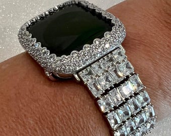 Designer Apple Watch Band Woman Baguette Radiant Cut Crystal Silver 49mm Ultra & or Apple Watch Cover Lab Diamond Bezel 41 45mm