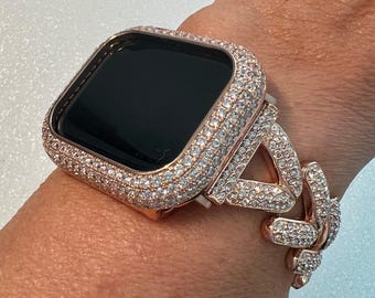 Designer Apple Watch Band Woman Rose Gold Swarovski Crystal Heart Charm & or Apple Watch Case Lab Diamond Bezel 38mm-49mm Apple Watch Cover