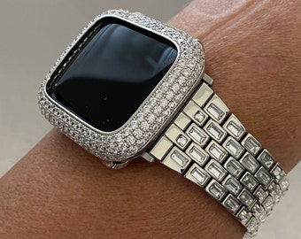 Silver Apple Watch Band Bracelet Swarovski Crystal Baguette & or Apple Watch Cover Lab Diamond Bezel Apple Watch Face Bling 38mm-49mm Ultra