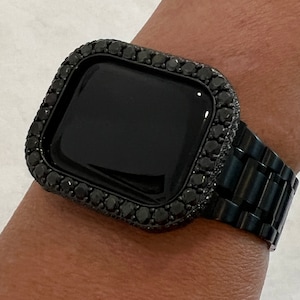 Series 2-9 Black Apple Watch Band Mens Womens 41mm 45mm Stainless Steel Ultra Thin & or Apple Watch Case 3.5mm Lab Diamond Bezel Cover Bling