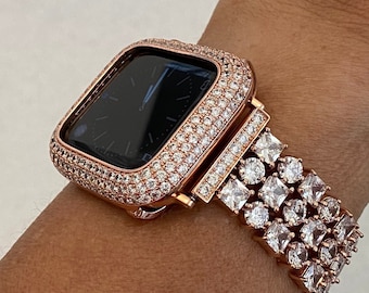 Apple Watch Band 49mm Ultra Swarovski Crystals Rose Gold & or Apple Watch Cover Lab Diamond Bezel Apple Watch Case Bumper Bling 38mm-46mm