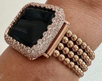 Rose Gold Apple Watch Band Women Four Row Beaded Bracelet 38mm-49mm Ultra& or Apple Watch Case Lab Diamond Bezel Cover Gift Iwatch Case