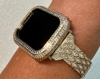 Designer Apple Watch Band Womens Gold, Crystal Iphone Watch Bracelet & or Apple Watch Cover Baguette Lab Diamond Bezel Iwatch Candy Bling