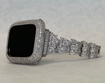 Series 10 Apple Watch Band Womens Silver Iphone Watch Band Swarovski Crystals & or Apple Watch Case Lab Diamond Bezel 38mm-49mm Ultra