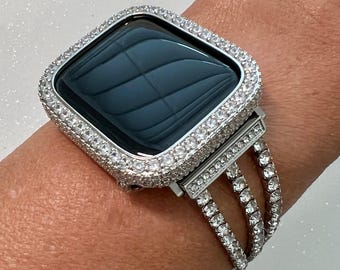 Designer Apple Watch Band Womens Silver Swarovski Crystal Bracelet & or Apple Watch Case Pave Lab Diamonds Iwatch Candy Bumper Bling 38-49mm