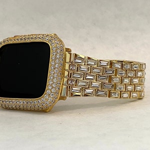 Gold Apple Watch Band Swarovski Crystal Baguettes & or Apple Watch Cover Lab Diamond Bezel Protective Iphone Case 38mm-49mm Ultra Iwatch