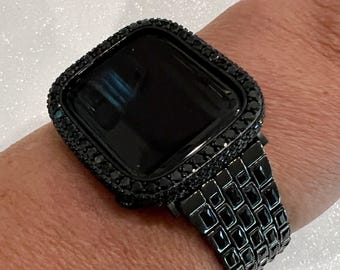 Black Apple Watch Band 49mm Ultra Swarovski Crystal Baguettes & or Apple Watch Cover 2.5mm Lab Diamond Bezel Case Bling 38mm-46mm