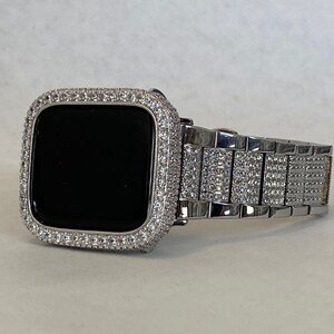 Designer Apple Watch Band Womens Silver & or Apple Watch Cover Lab Diamond Bezel Case Bling 38mm 40mm 41mm 42mm 44mm 45mm 49mm Ultra Bling image 5
